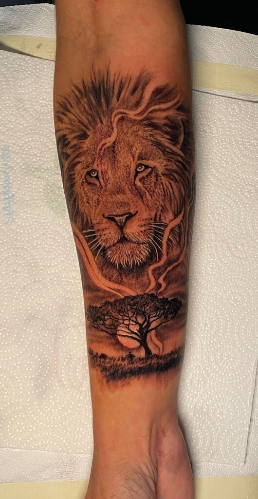 Löwe in Afrika Tattoo am Unterarm